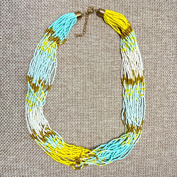 Seed bead necklace, 28”-31” multi strand yellow, light blue, & gold . NIP. - Picture 1 of 6